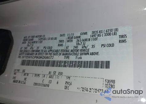 2016 Ford F-150 Lariat z USA, uszkodzony, nr VIN 1FTEW1CP9GKD08978